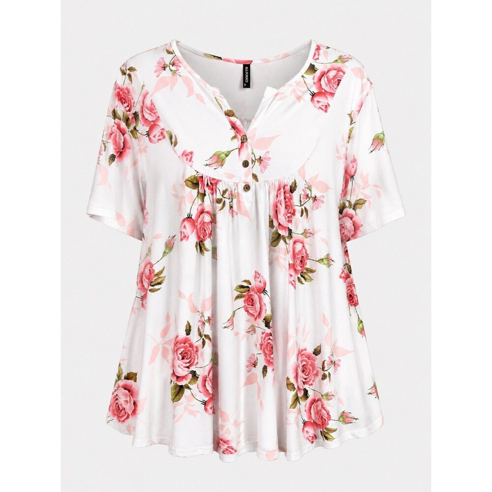 Allegrace Womens Plus Size 4X Short Sleeve Tunic Top Pink White Floral Romantic